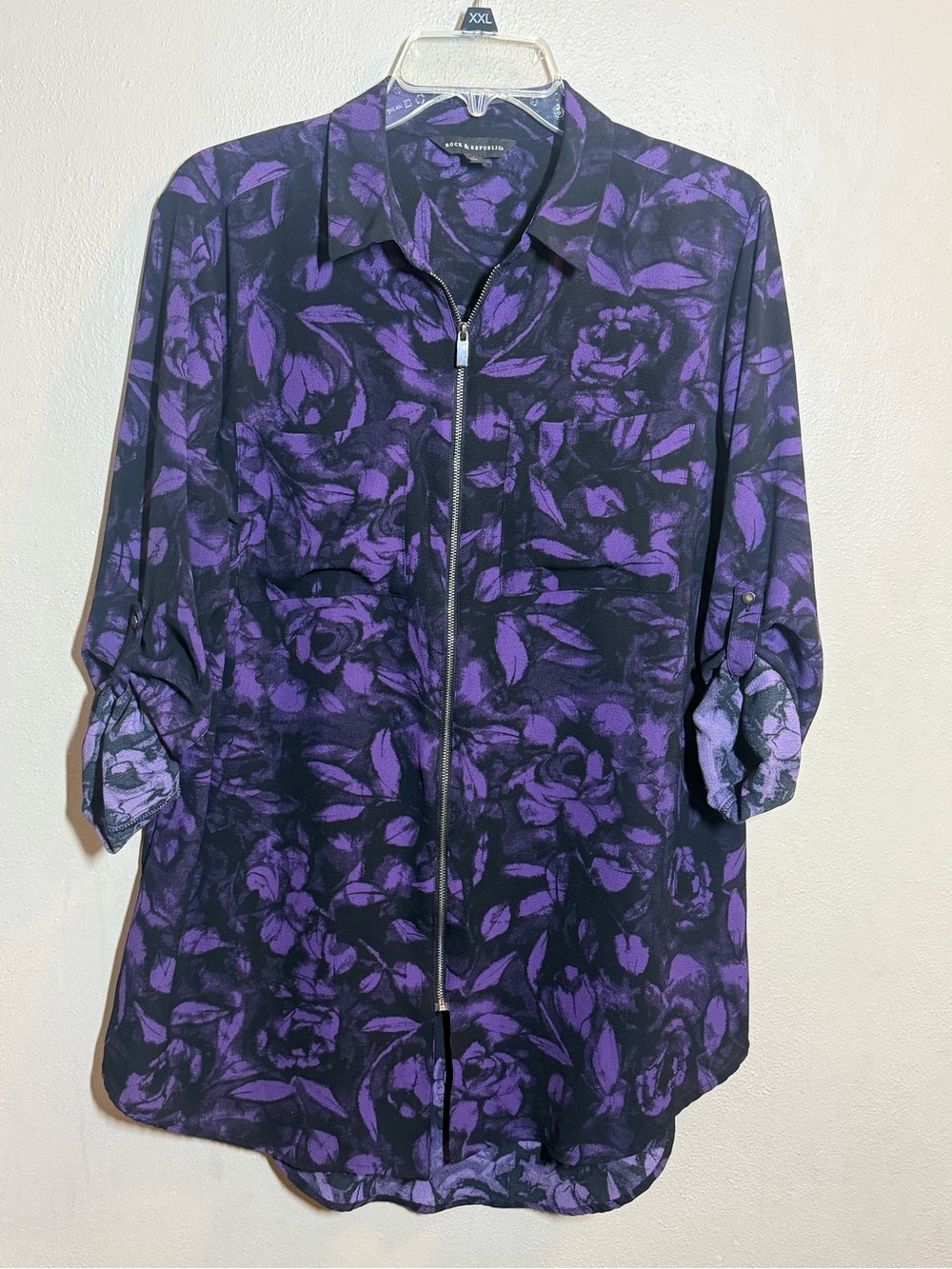 Women’s Rock & Republic Purple Floral Full-Zip Front Tunic/Blouse Sz Lg
